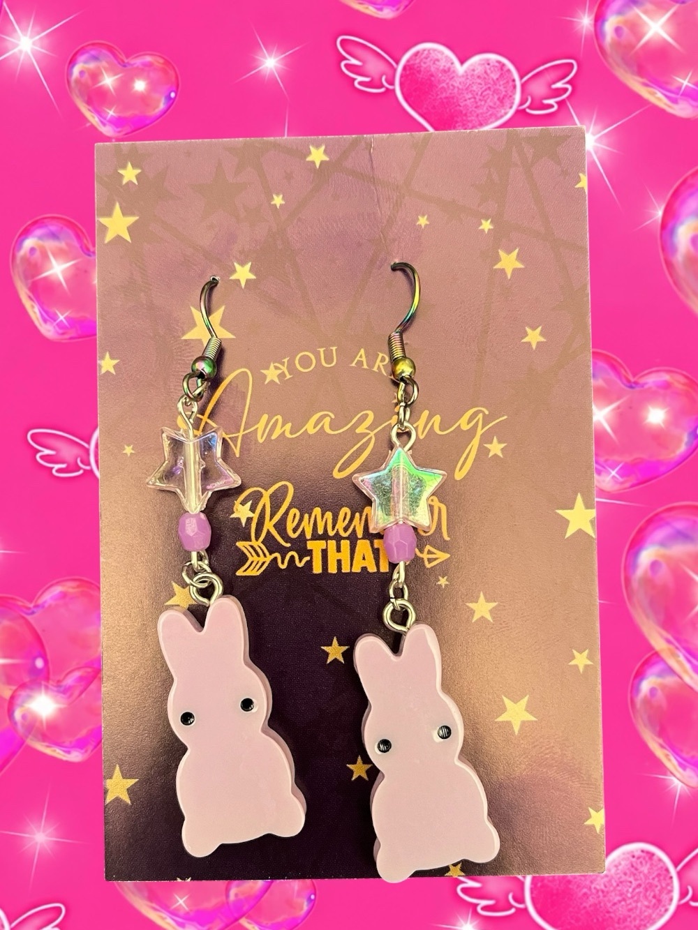 Pink Bunny Star Dangle Earrings for Kids